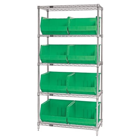Bsc Preferred 36 x 18 x 74'' - 5 Shelf Wire Shelving Unit with 8 Green Bins WSBQ270G